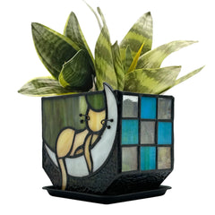 Entlityful front view stained-glass cat planter showing colorful appeal