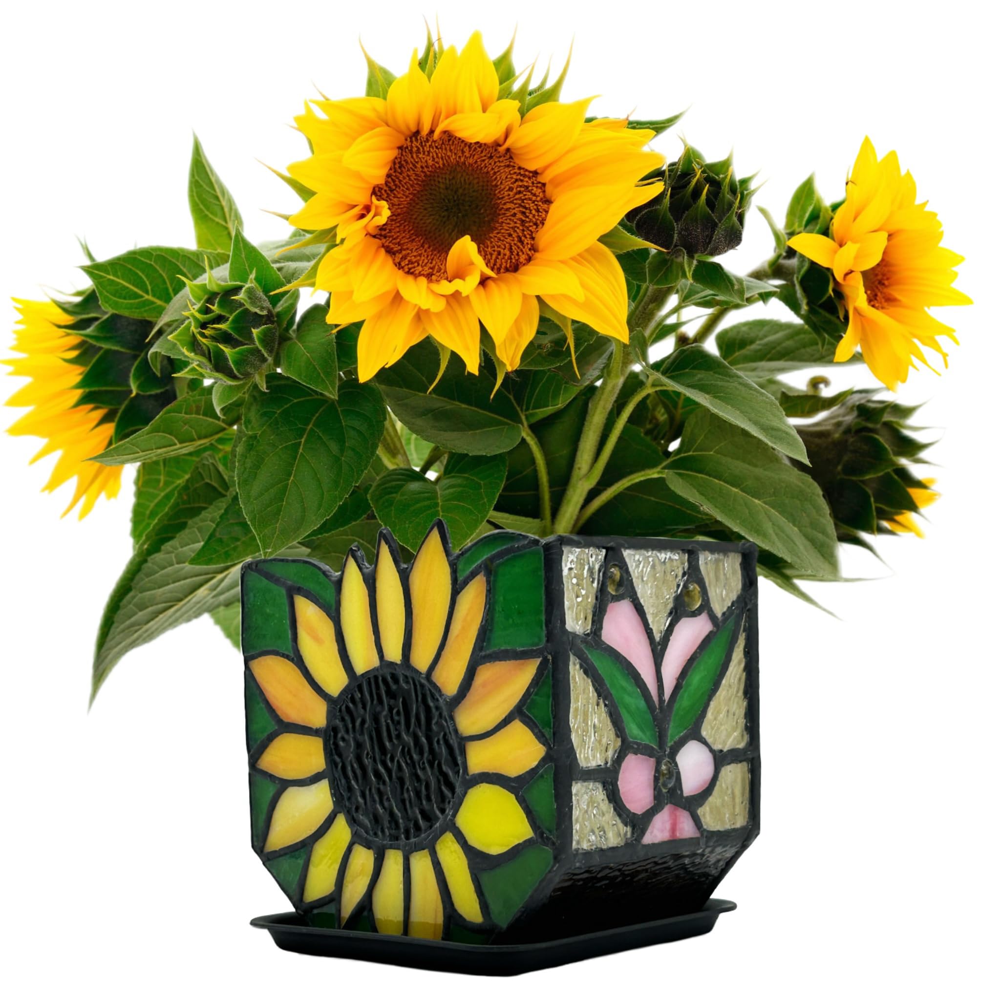 Entlityful front view sunflower planter showing vibrant glass and cheerful decoration