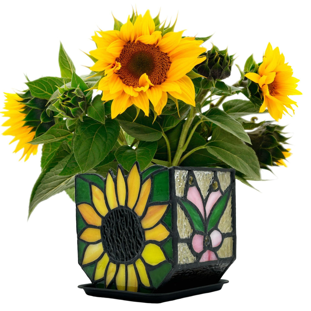 Entlityful front view sunflower planter showing vibrant glass and cheerful decoration