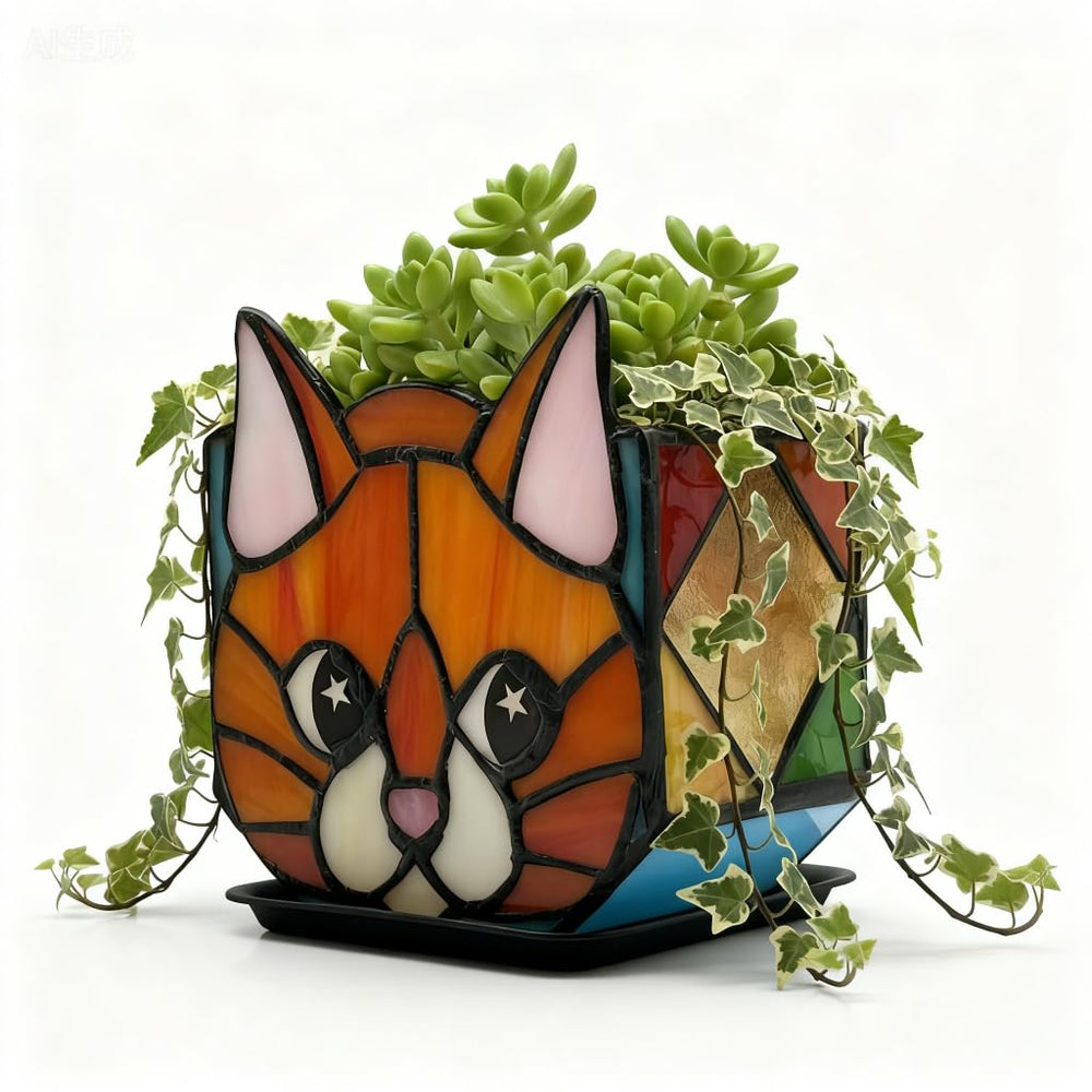 Entlityful orange cat planter front view showing bright stained-glass charm and display benefit