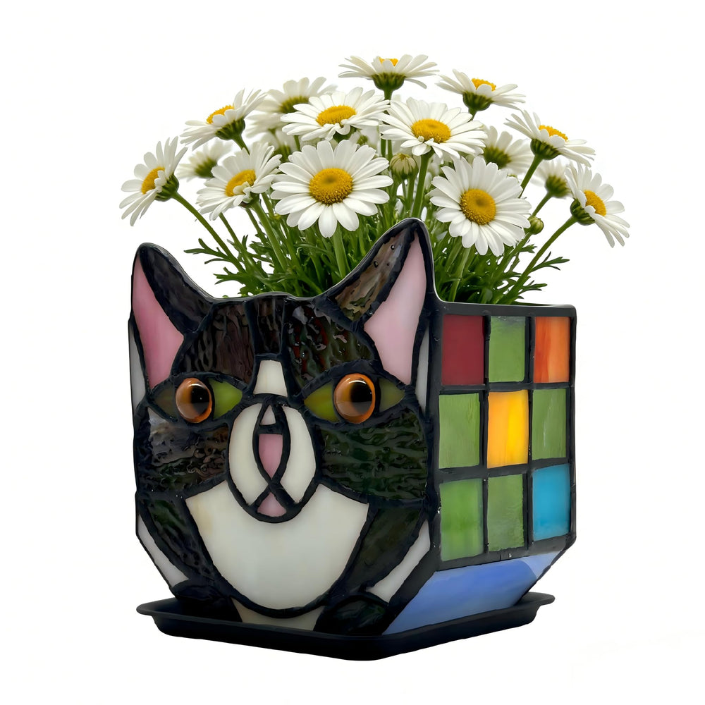 Entlityful stained glass cat planter front view showing colorful panels and playful shape