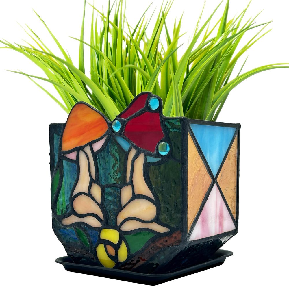 Entlityful front view showing colorful mushroom lady planter and charming design benefit