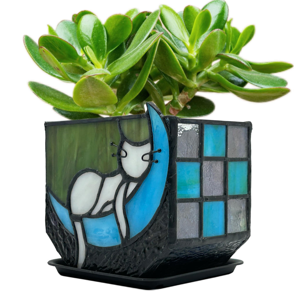 Entlityful front view of Tiffany moon cat planter showing colorful glass and shape, decorative accent