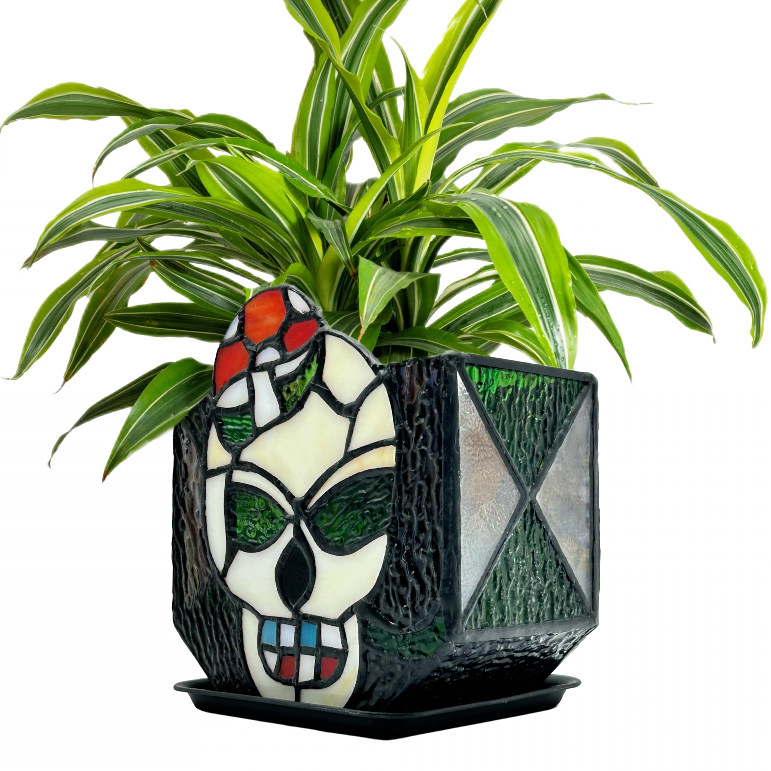 Entlityful skull planter front view showing colorful stained glass and decorative appeal