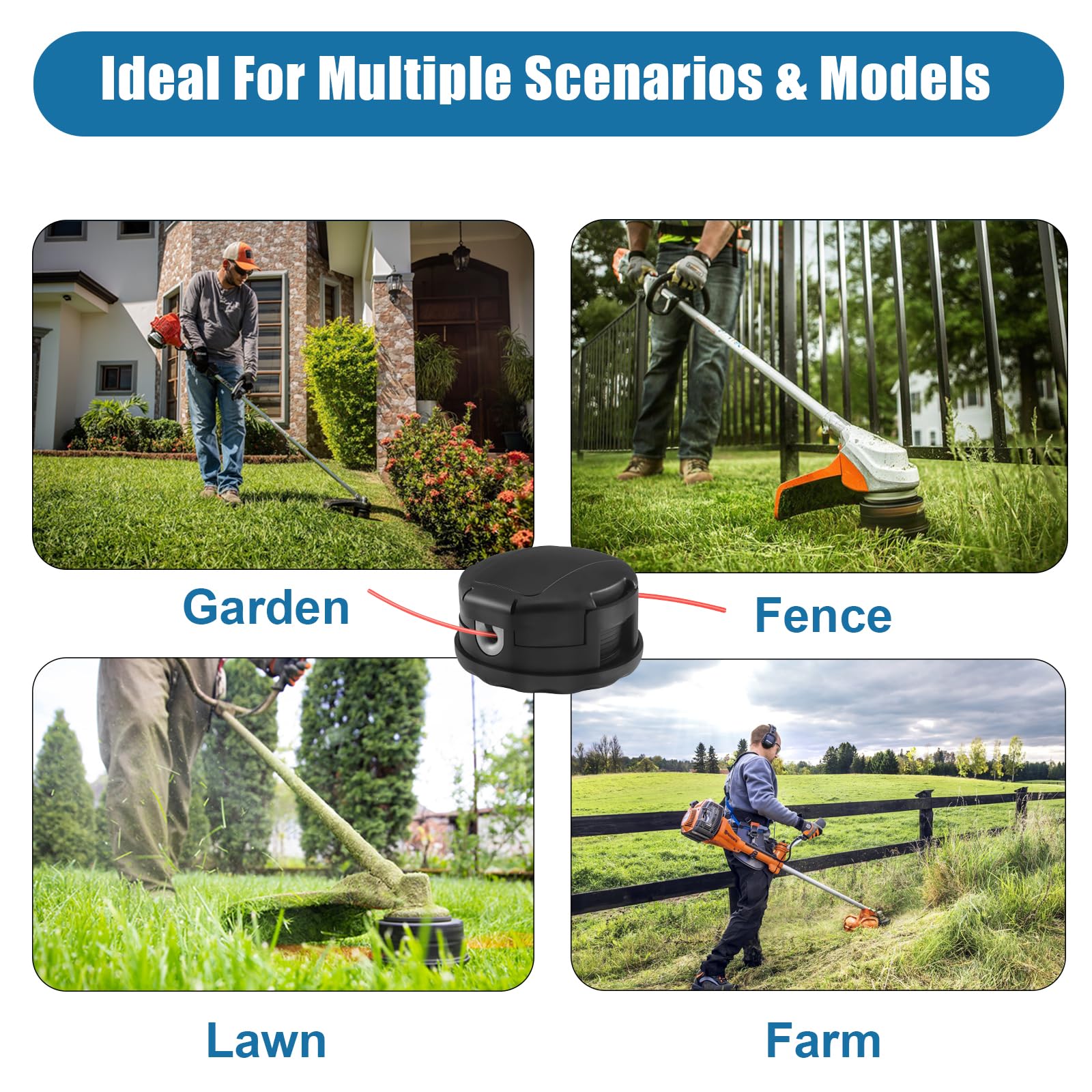 Envanptaz trimmer head in a lawn scene showing efficient weed and grass cutting