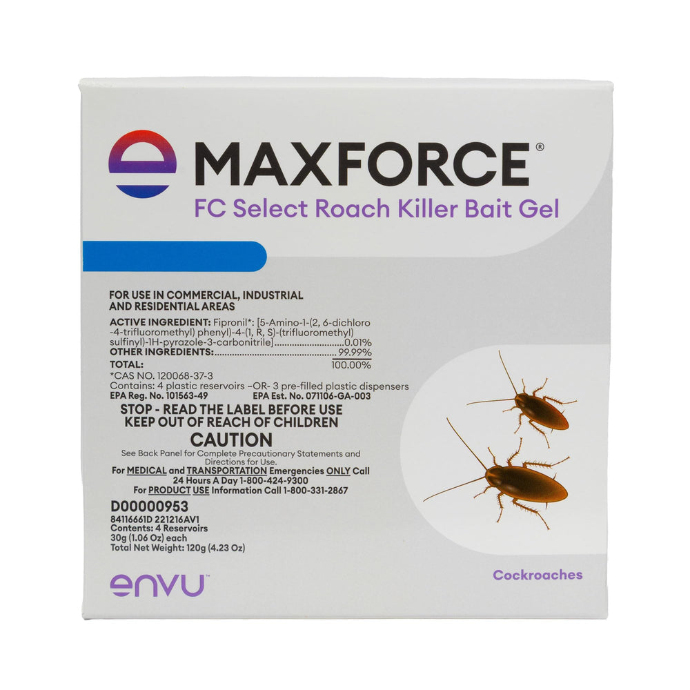 Envu Maxforce packaging showing four 30g reservoirs and product clarity benefit