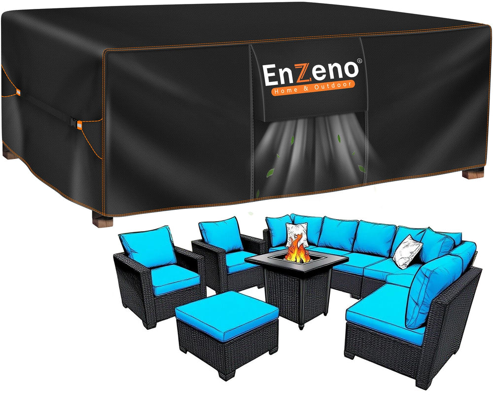 Enzeno front view showing full patio cover protecting furniture and weather resistance