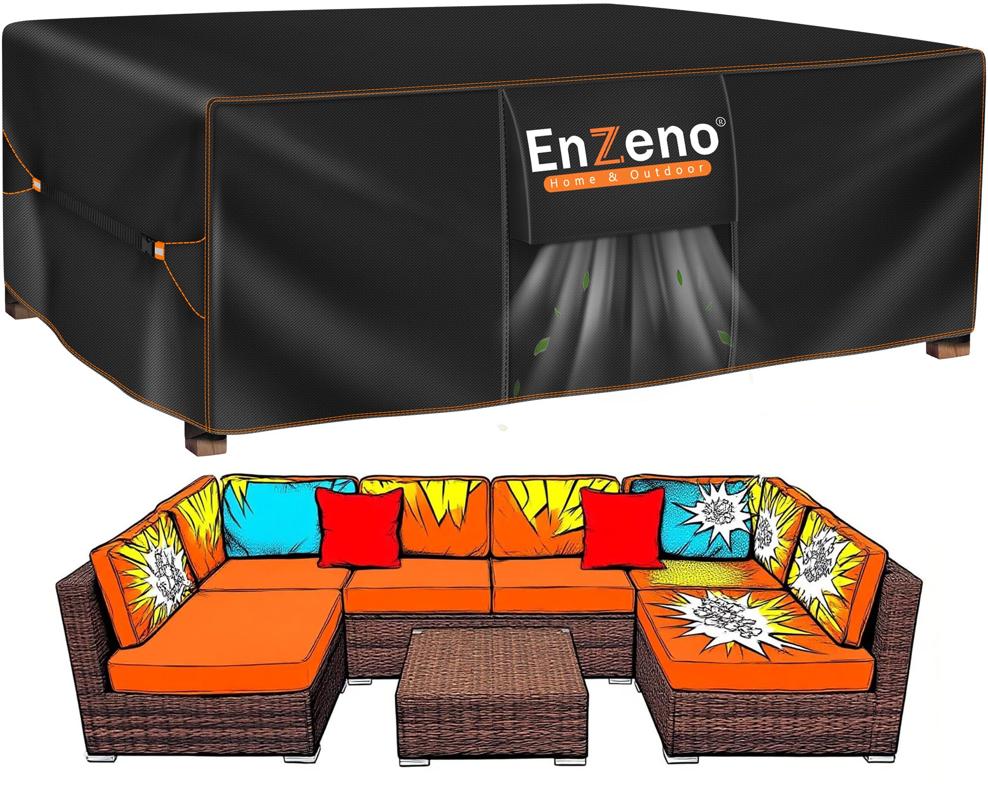 Enzeno front view of entire patio cover showing full protection