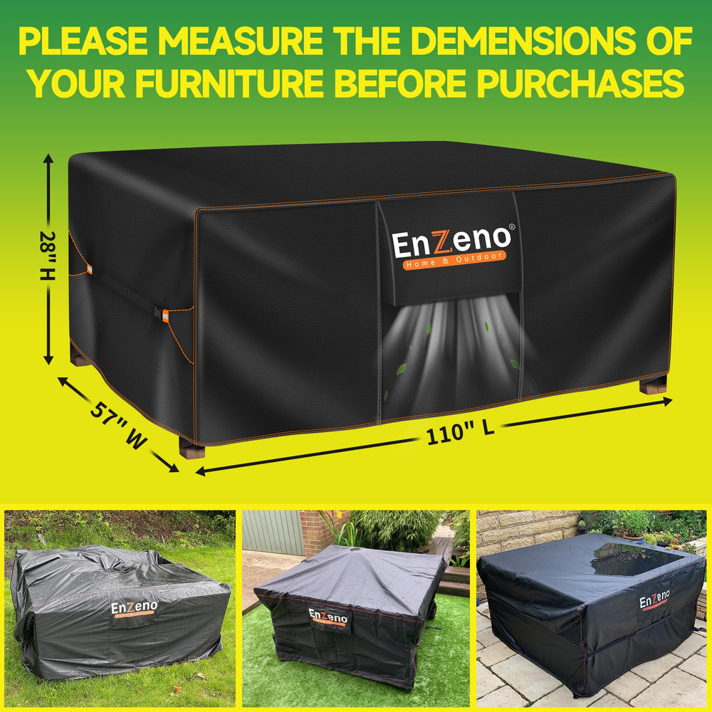 Enzeno cover in a patio setting protecting furniture from rain and sun