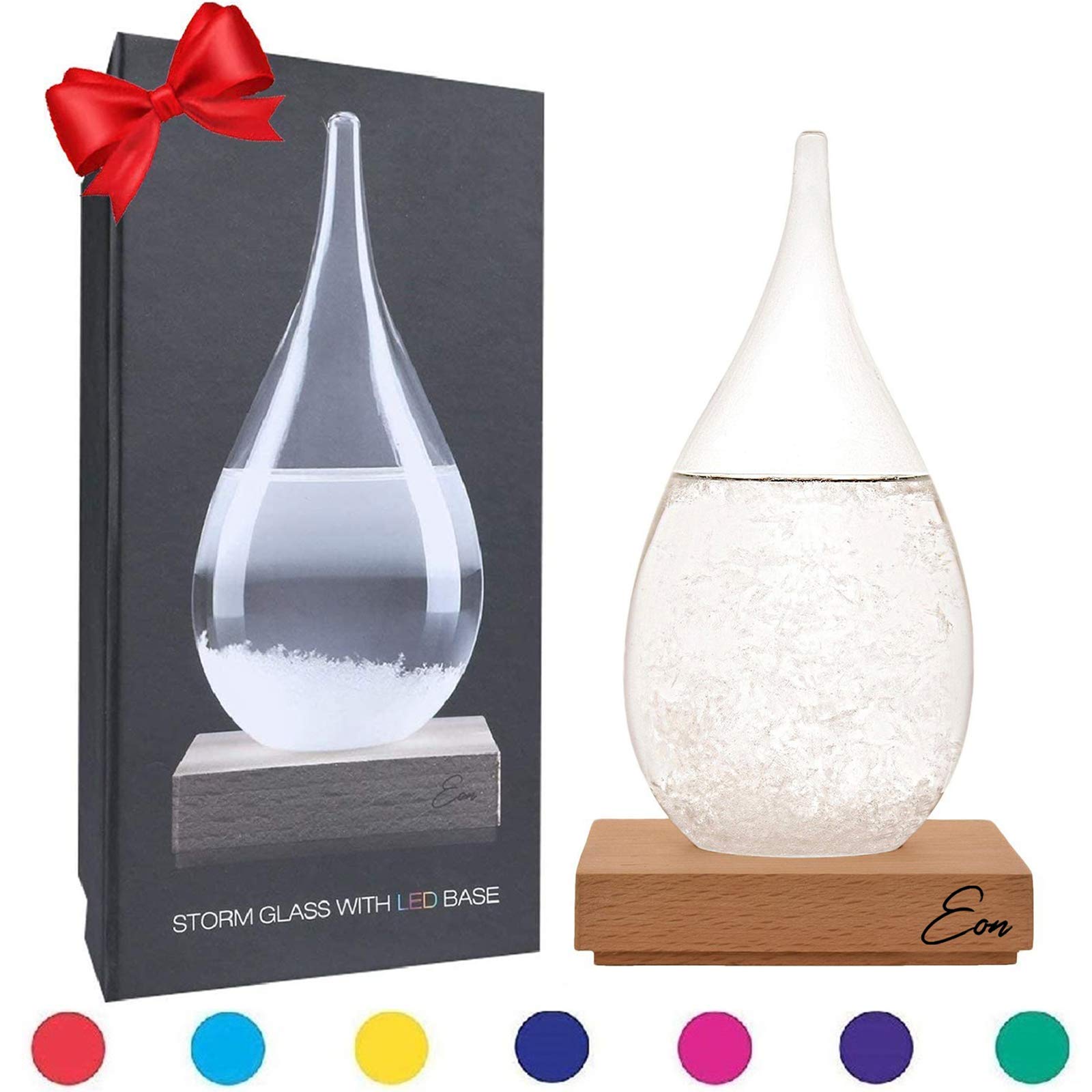Eon Concepts storm glass front view showing teardrop bottle and wood base for decorative forecasting
