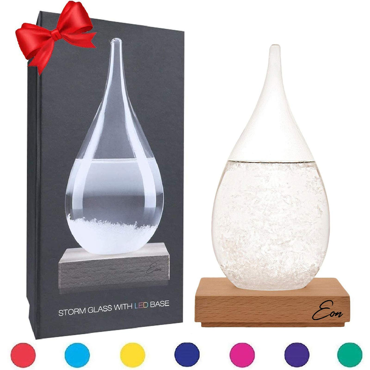 Eon Concepts storm glass front view showing teardrop bottle and wood base for decorative forecasting