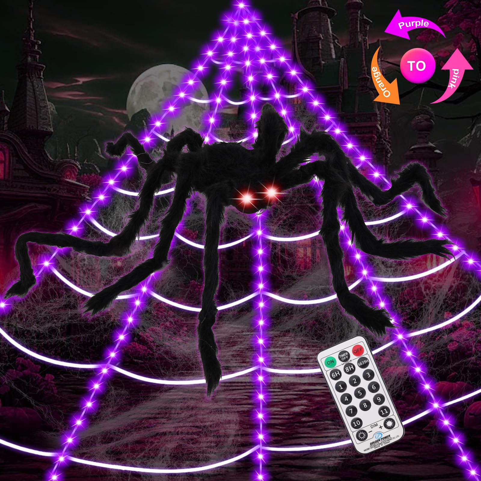 Eossth giant web front view showing full 16.4ft layout and bright LEDs for instant impact