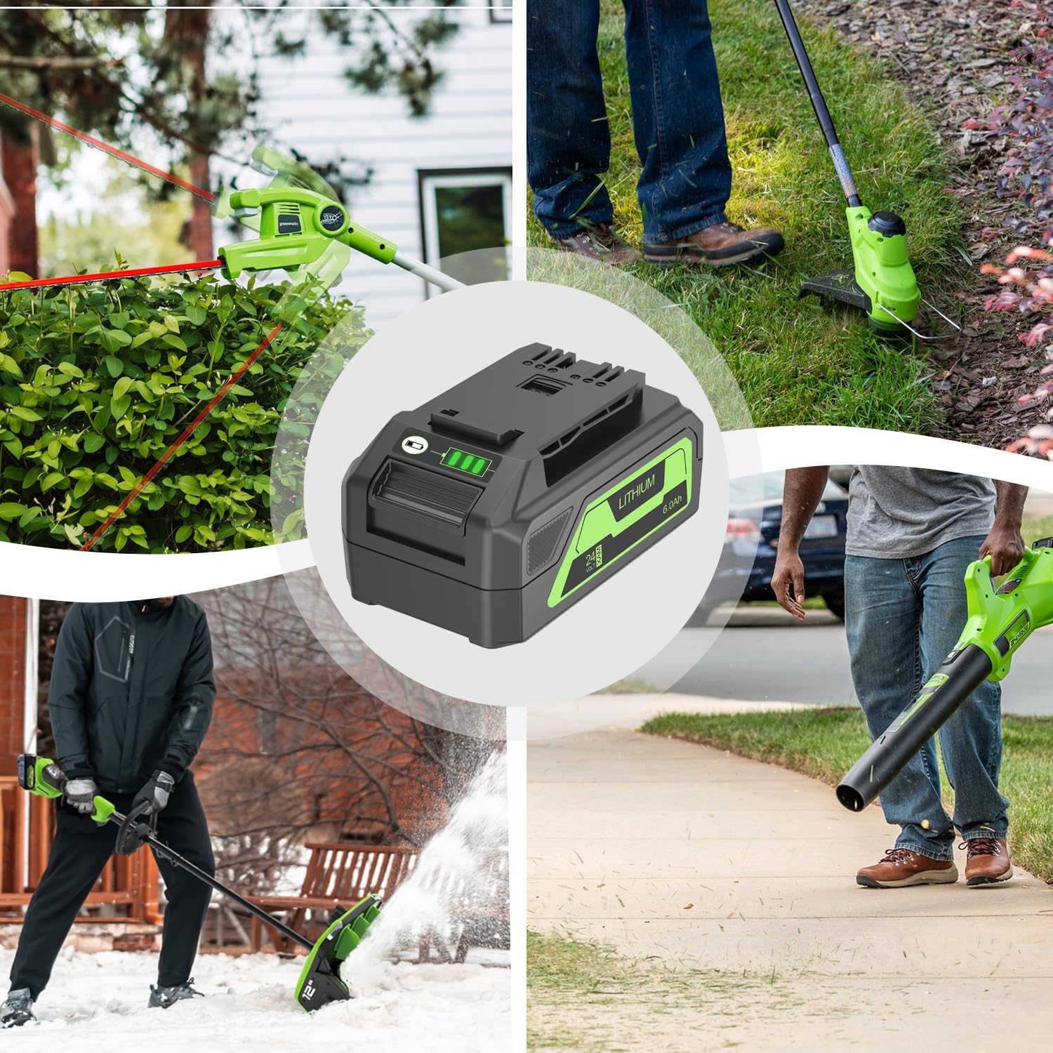 Gardener using Greenworks trimmer with EOTTK battery for uninterrupted yard work