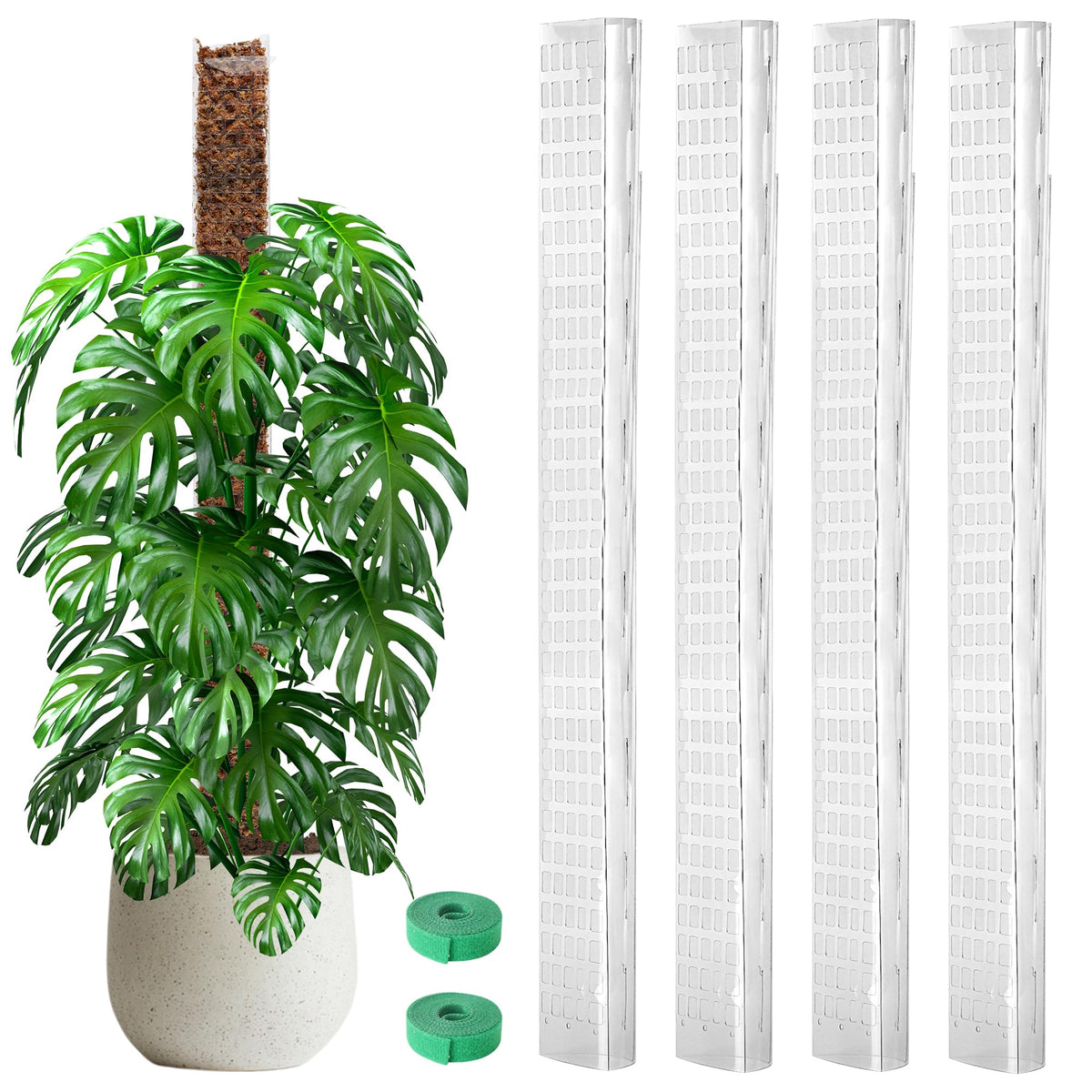 EOX front view of four folded moss pole panels and garden ties showing included kit and convenience