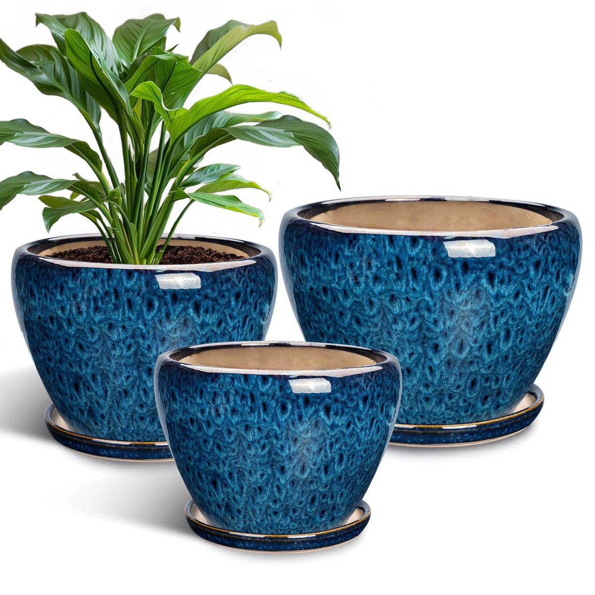 EPFamily blue planter set front view showing three sizes and decorative appeal