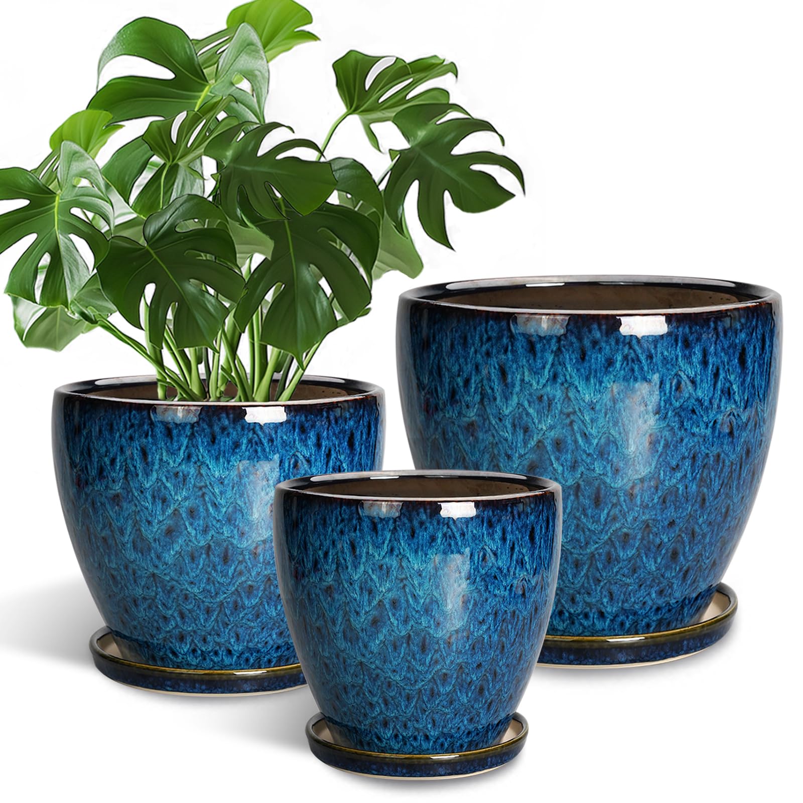 EPFamily planter set front view showing blue glaze and sizes, adds decorative color