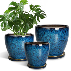 EPFamily planter set front view showing blue glaze and sizes, adds decorative color