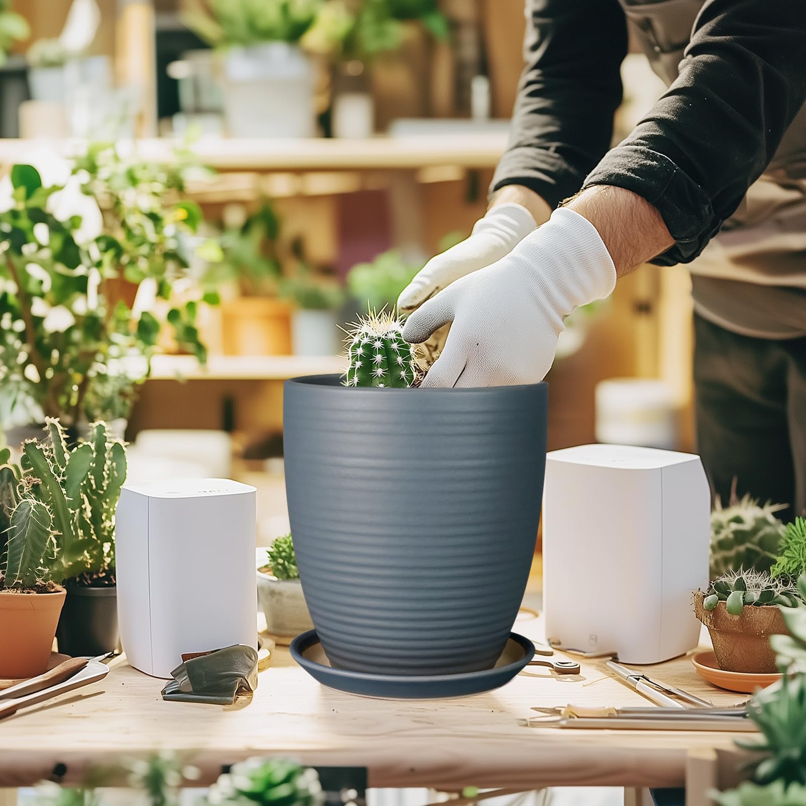 EPFamily removable ceramic saucer under pot protecting surfaces from runoff and stains