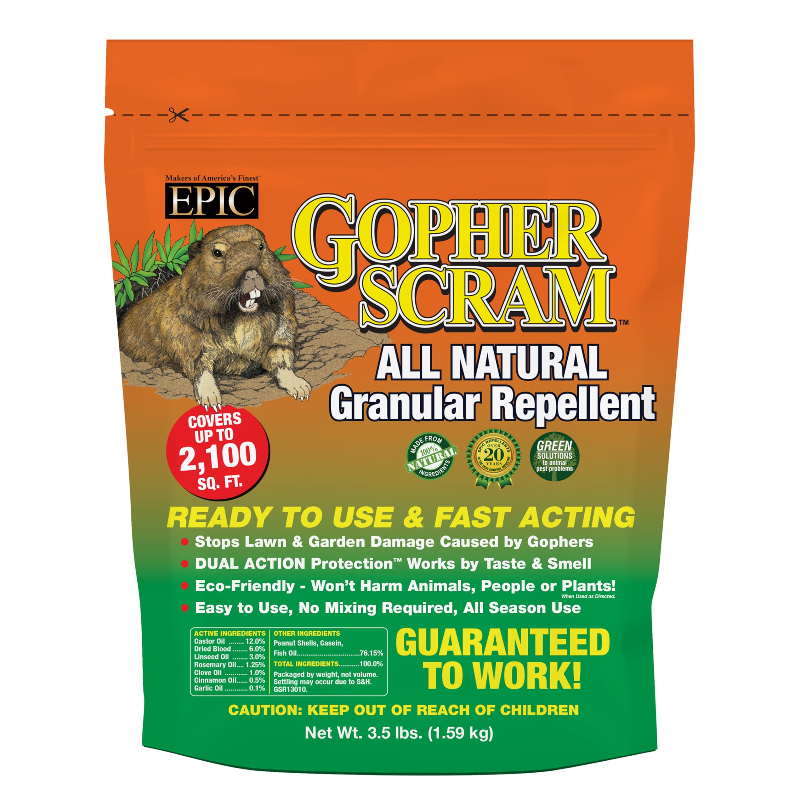 EPIC REPELLENTS front packaging of 3.5 lb bag showing product label and resealable top for convenient storage