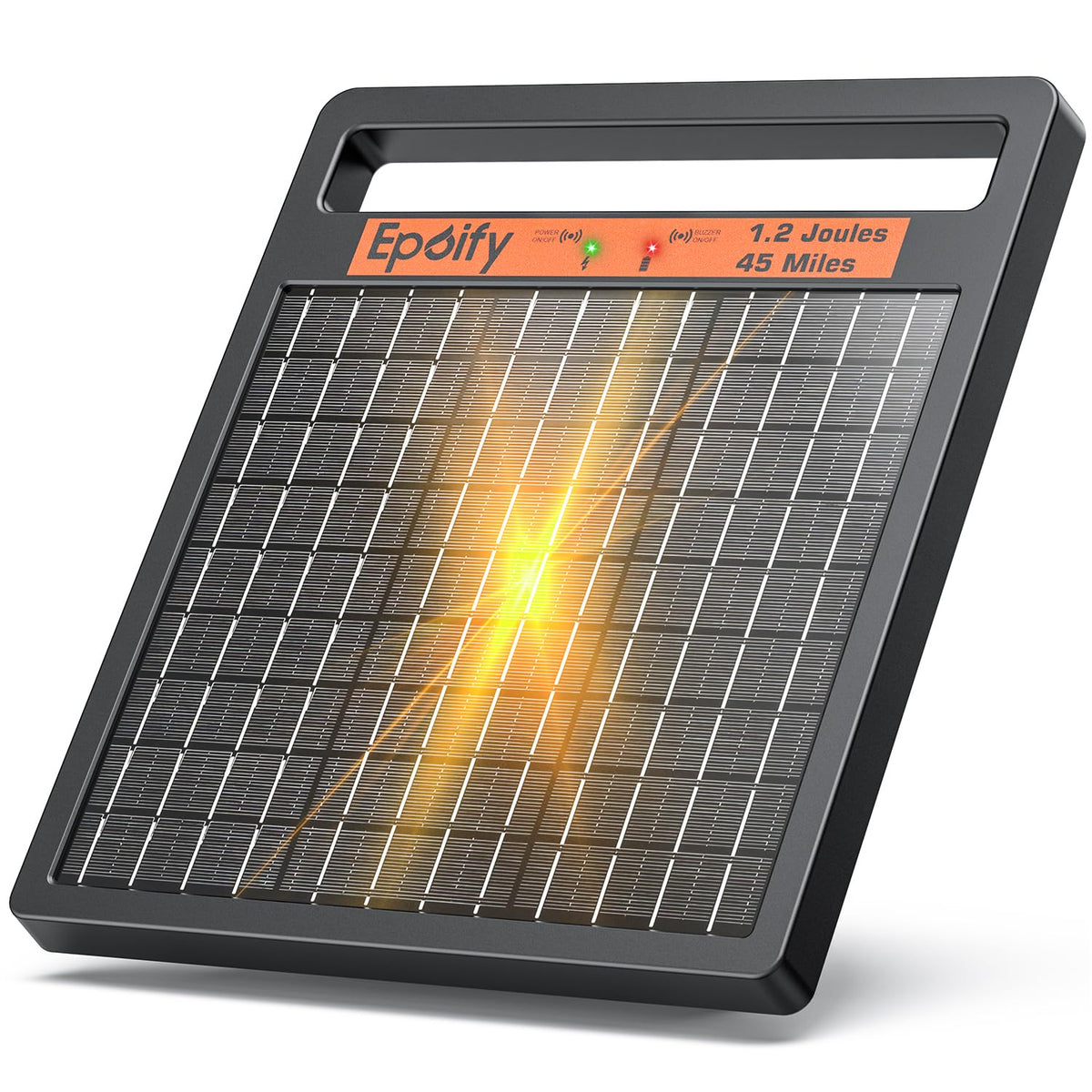 Epoify LD02 front view showing compact all-in-one energizer, durable outdoor build