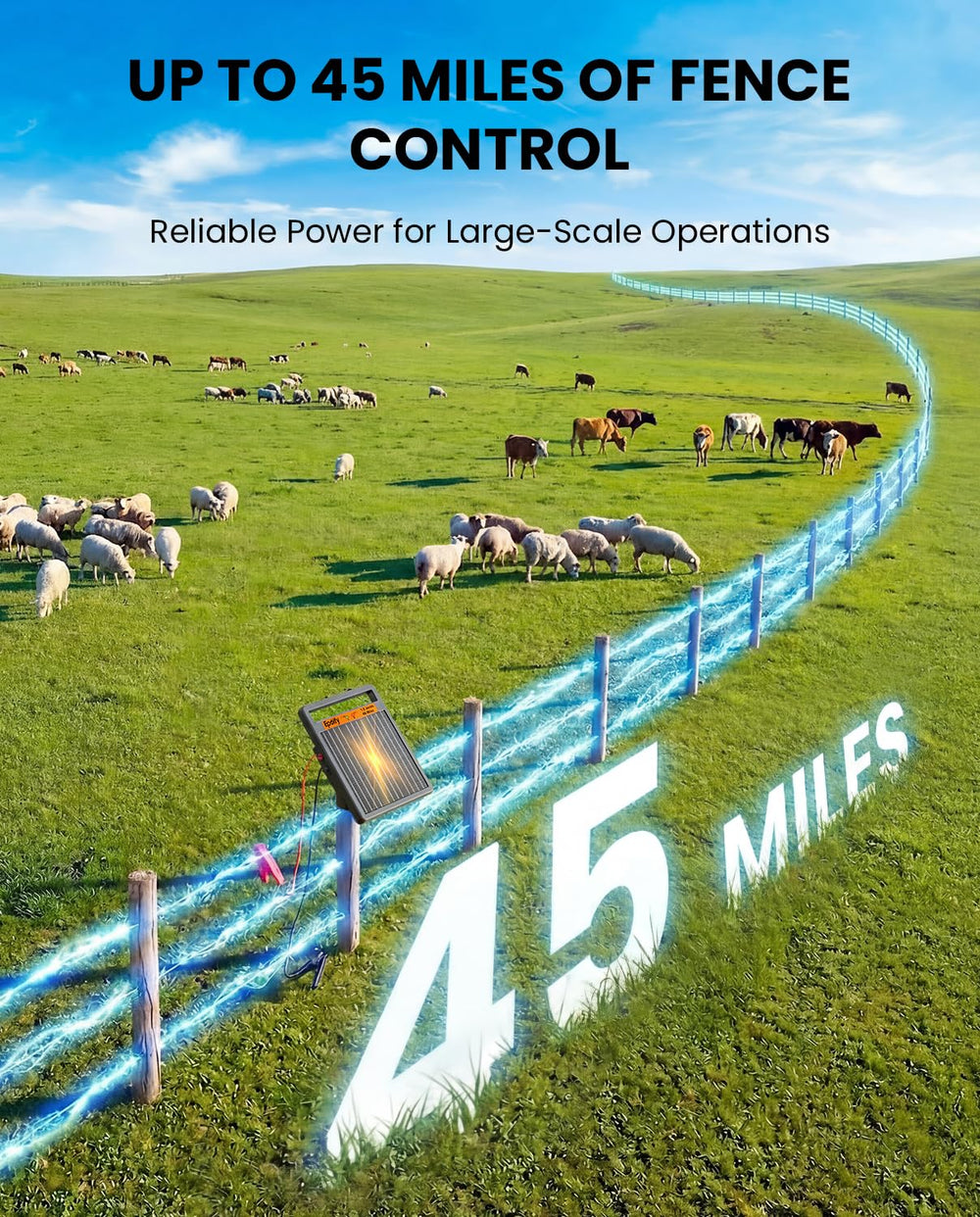 Epoify LD02 mounted on fencepost in pasture for reliable livestock containment