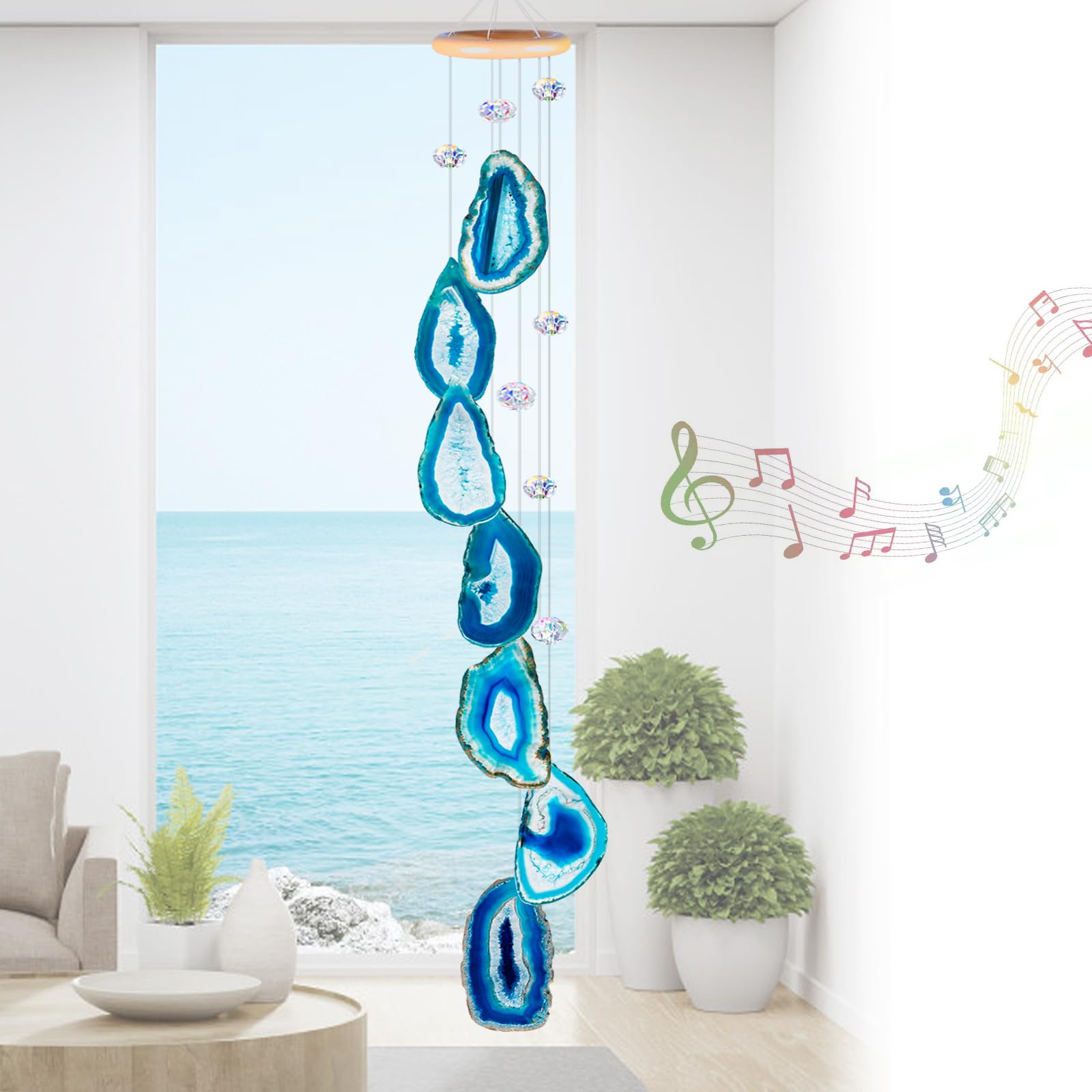 Eraparole agate wind chime front view showing balanced hanging and color, enhances decor