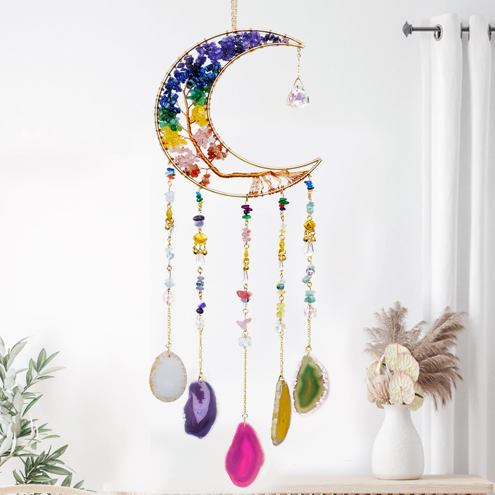 Eraparole moon-shaped wind chime front view showing full design and color benefits