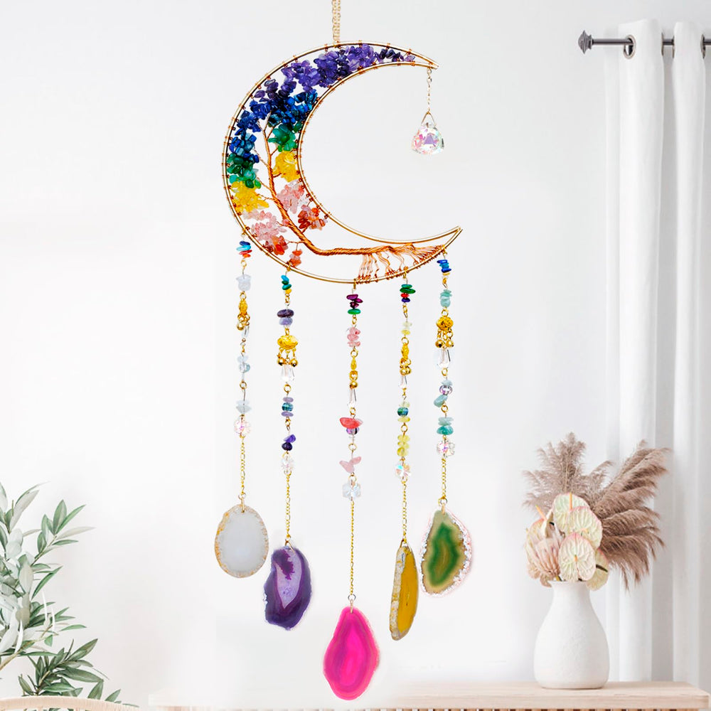 Eraparole moon-shaped wind chime front view showing full design and color benefits