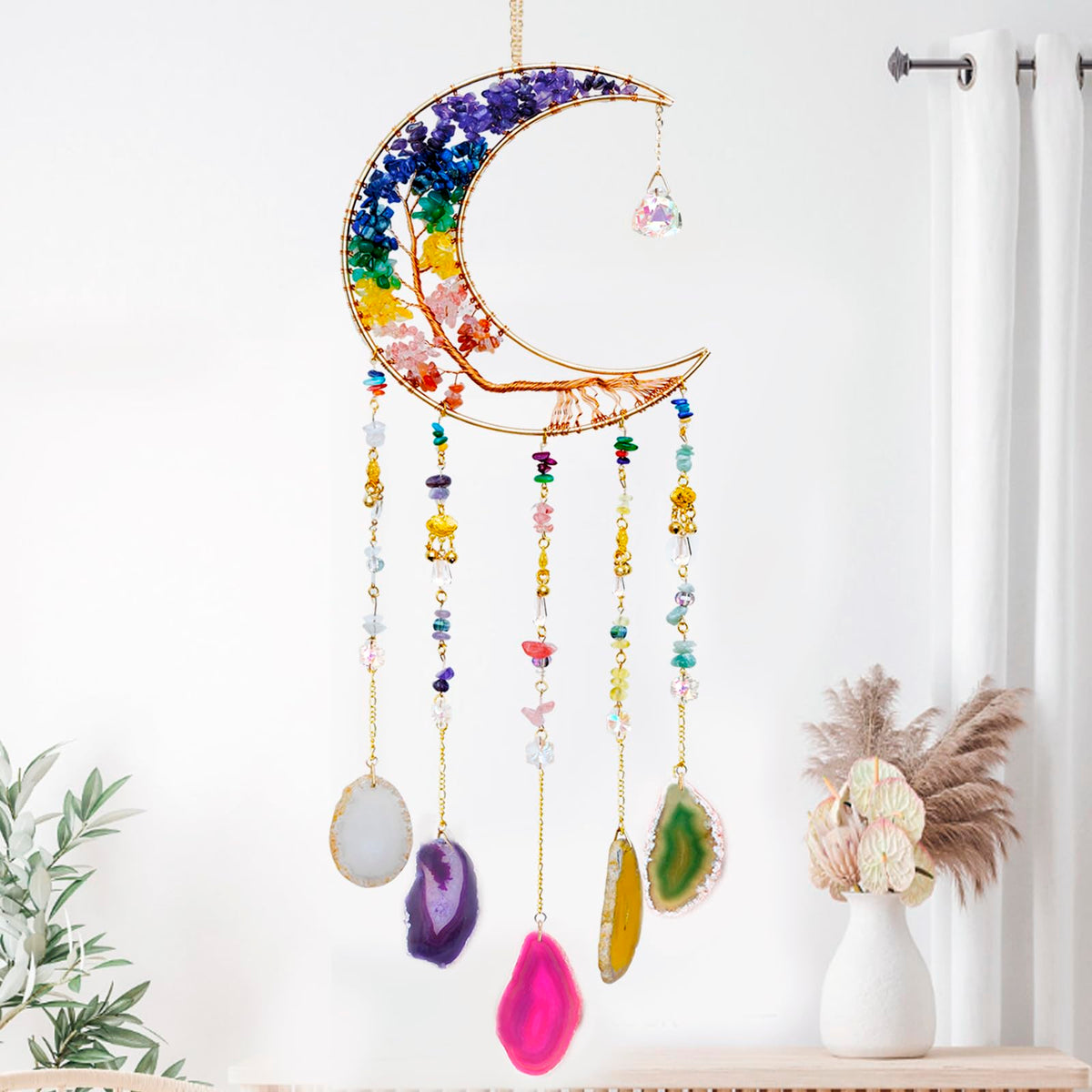 Eraparole moon-shaped wind chime front view showing full design and color benefits