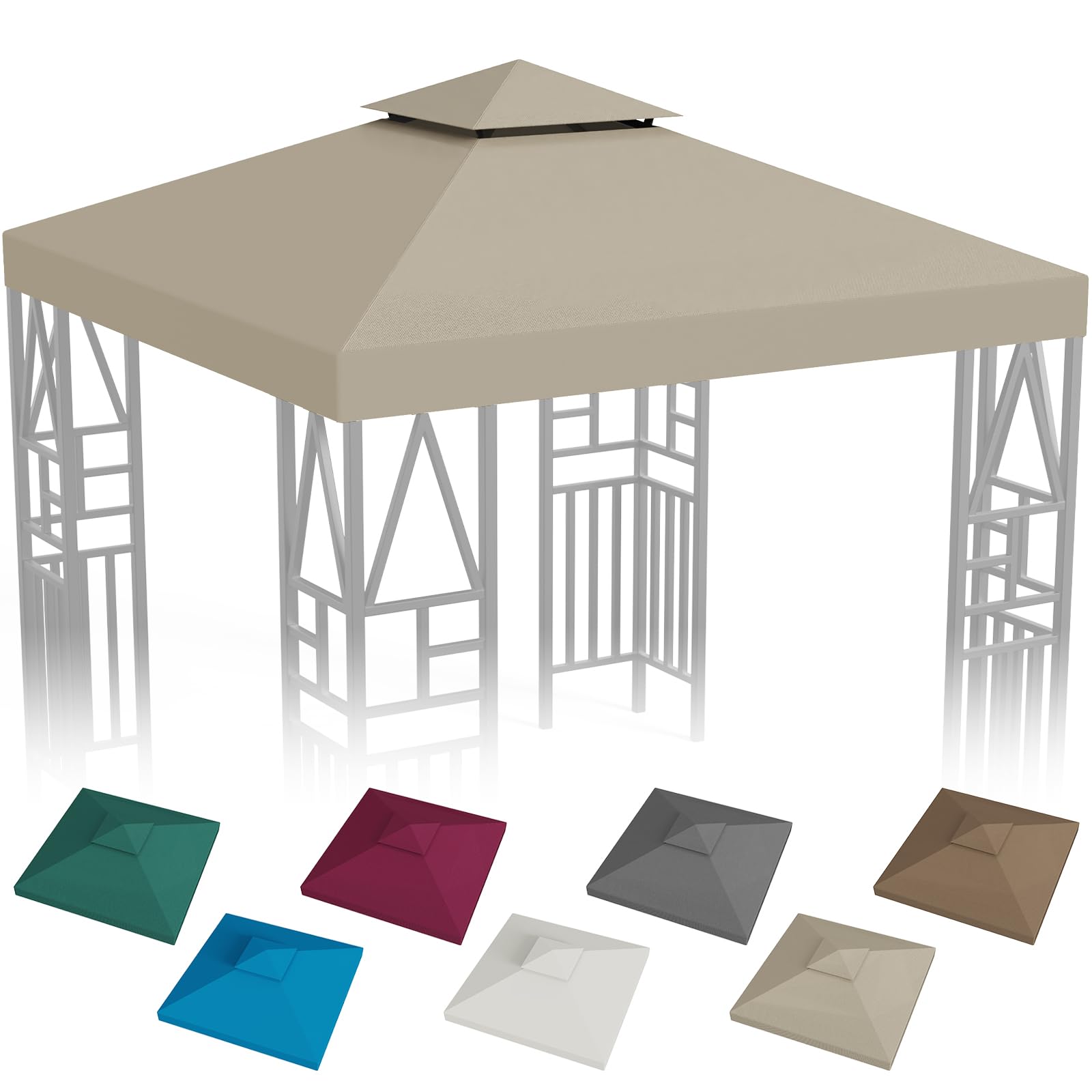 ERFEI canopy front view showing full 10x10 khaki coverage and shaded benefit