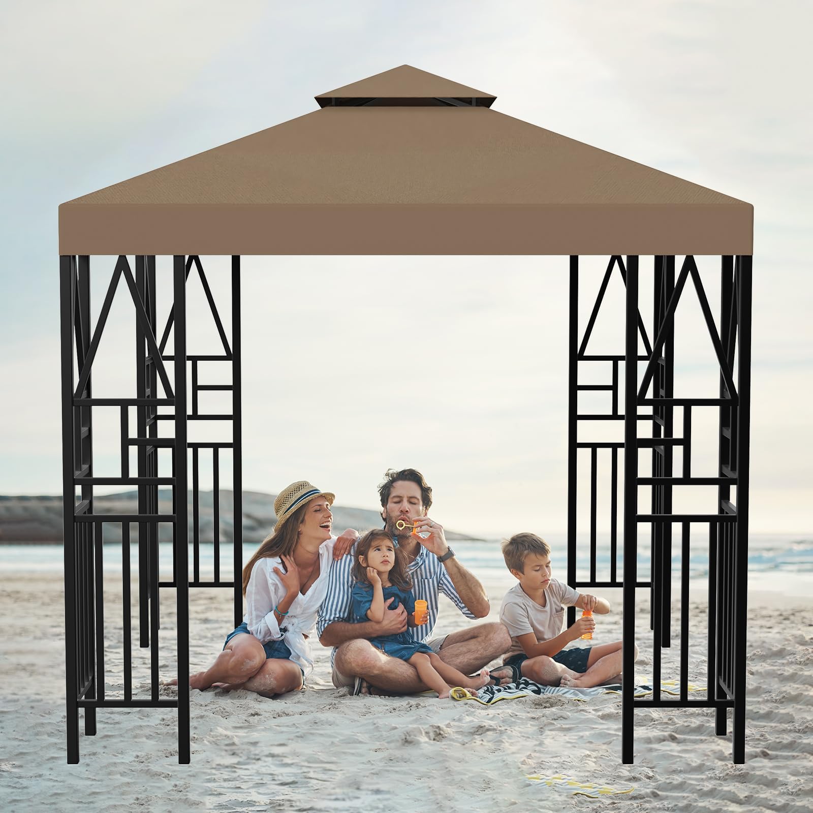 ERFEI scale shot with people under canopy showing coverage for 6–8 guests