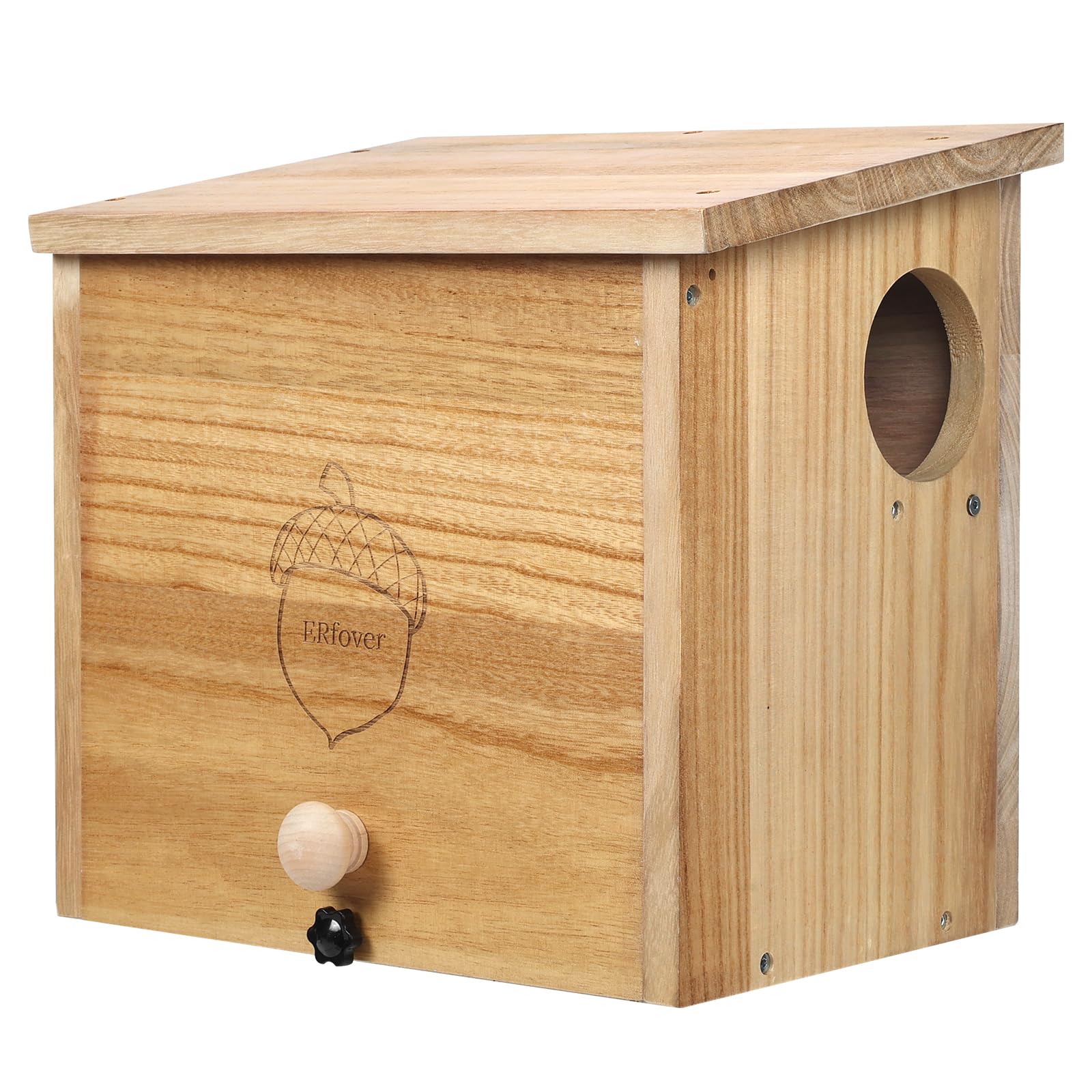 ERfover front view of pine squirrel house showing sturdy construction and natural finish for protection