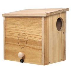 ERfover front view of pine squirrel house showing sturdy construction and natural finish for protection