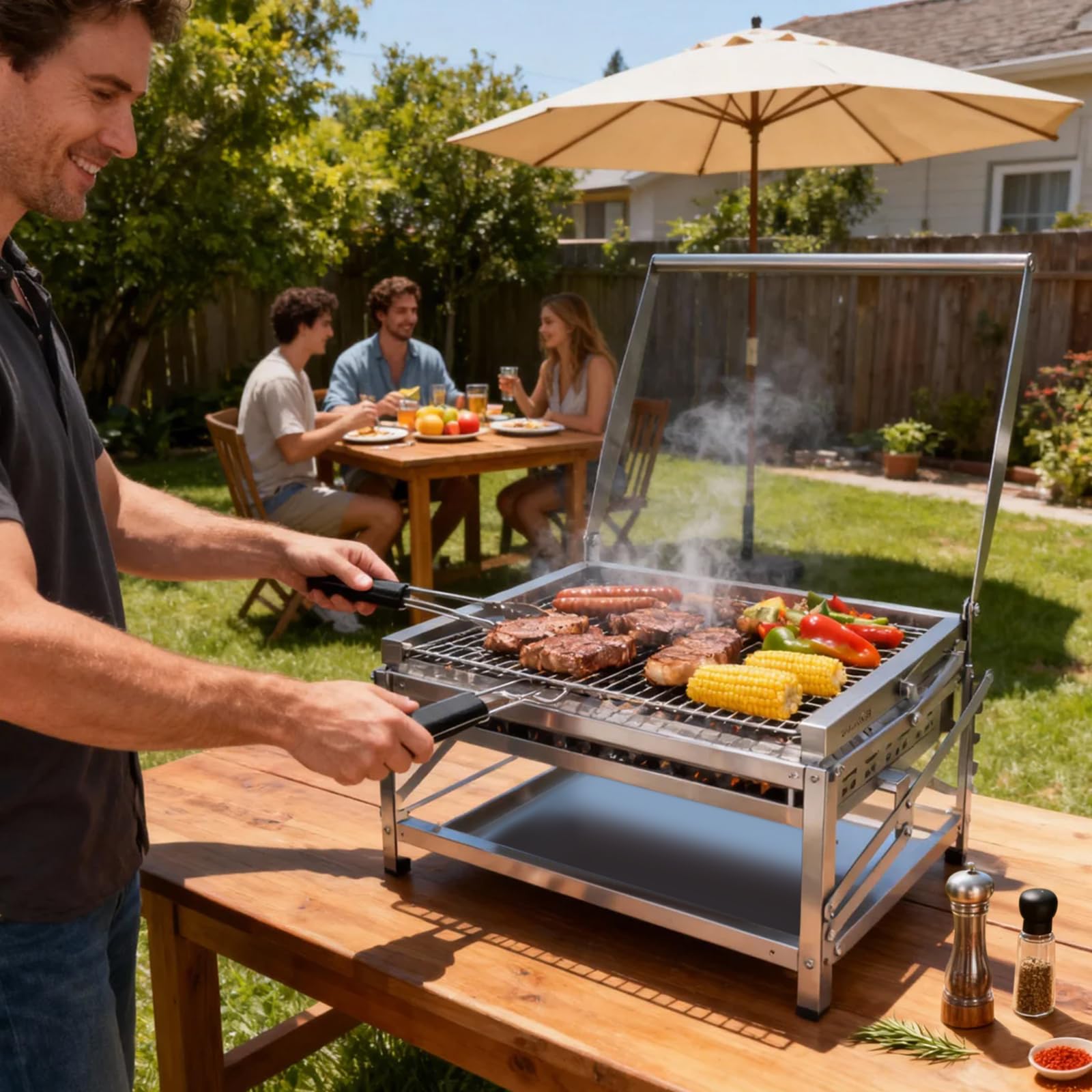 Ergocar rotated grill mid-flip demonstrating even heat distribution advantage