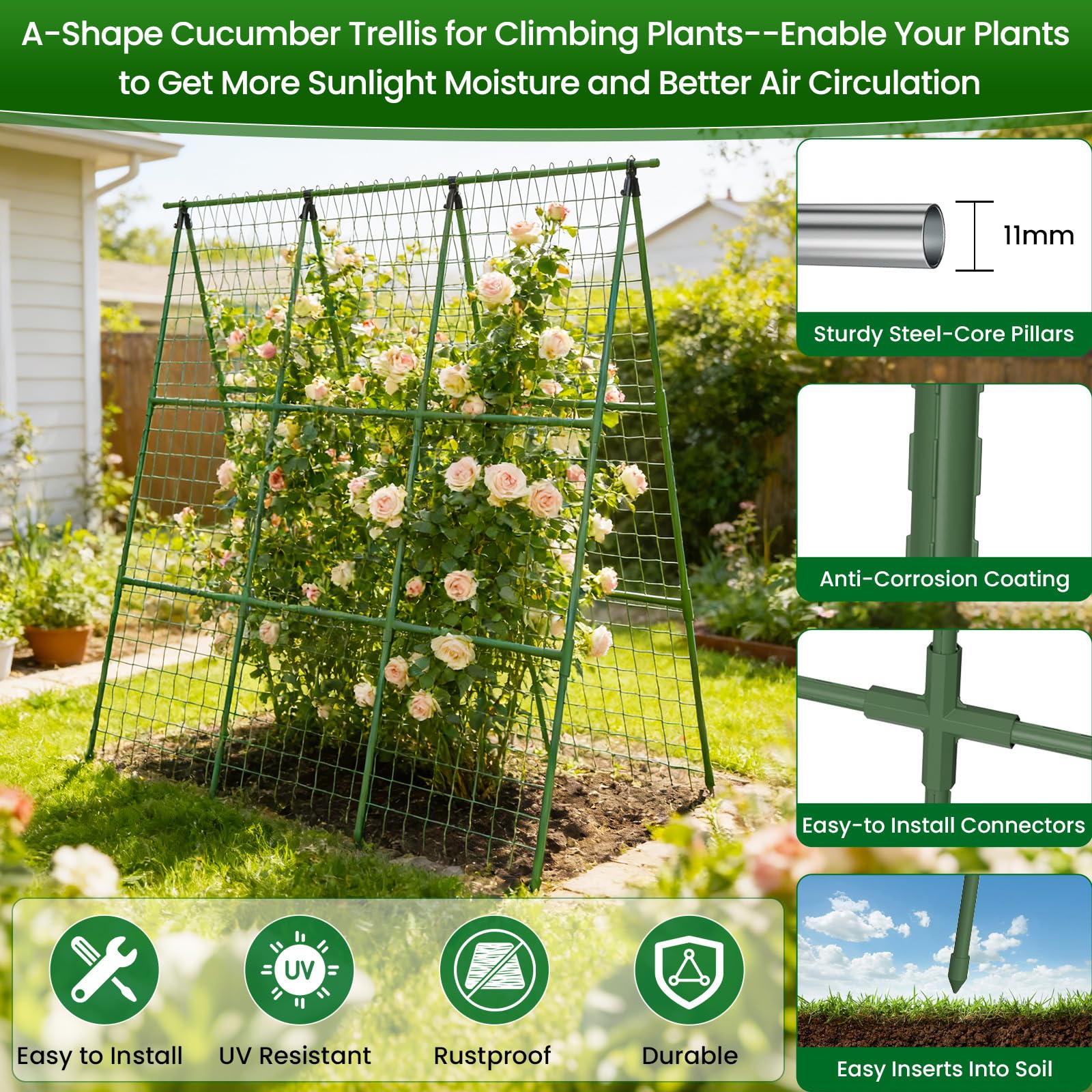 Erinaik trellis beside garden tools to show 48-inch scale and placement benefit