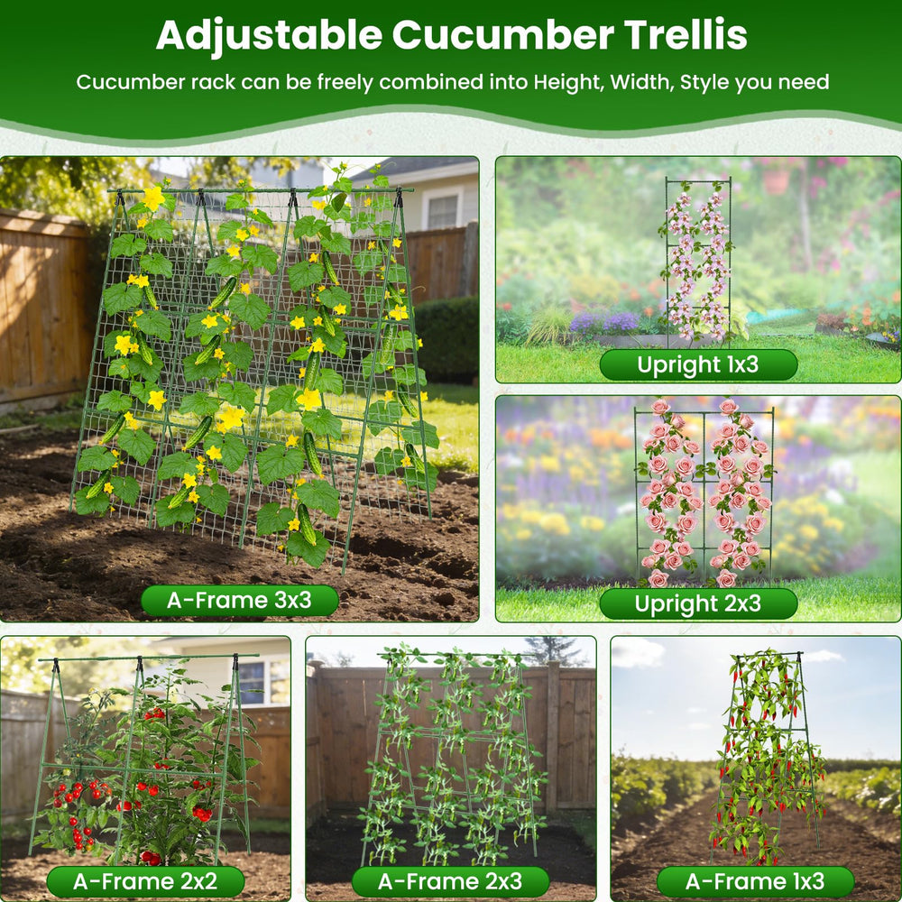 Erinaik trellis supporting cucumbers in a raised bed for easier harvesting