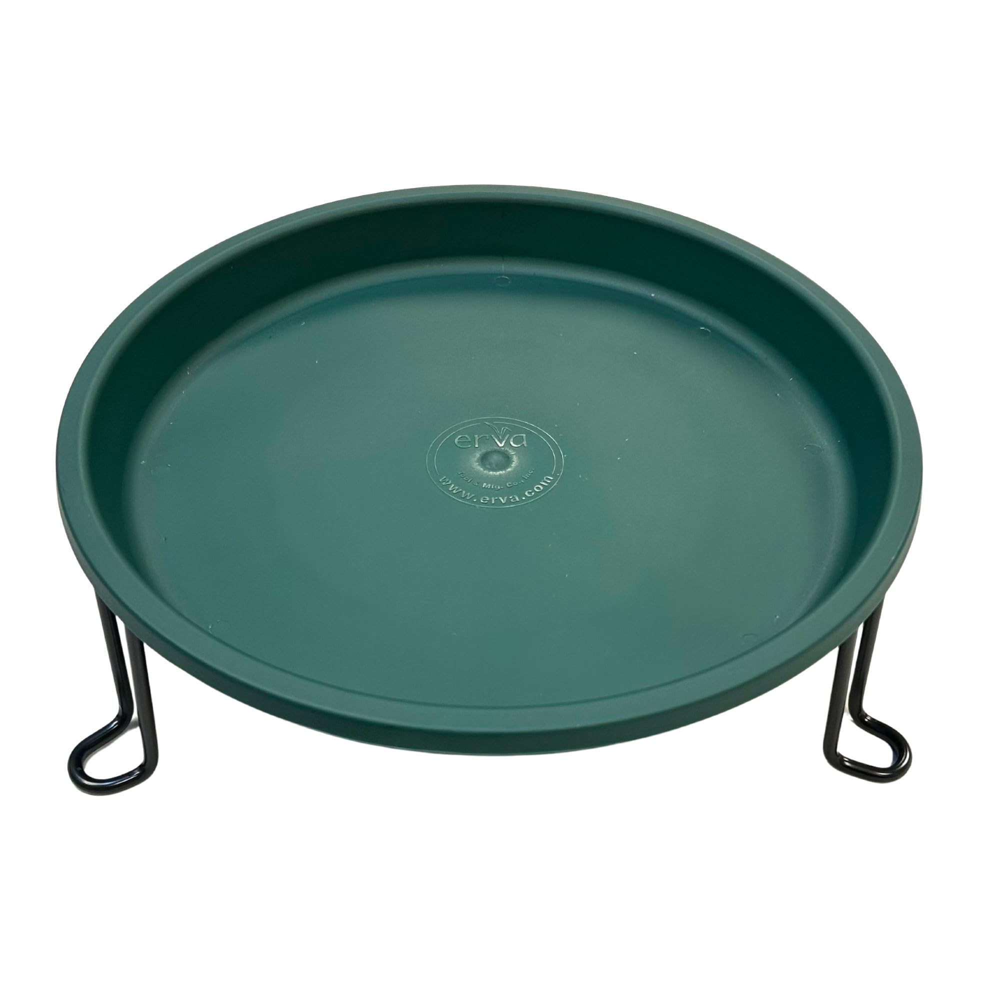 Erva front view of ground level bird bath showing black steel frame and green dish, attracts birds