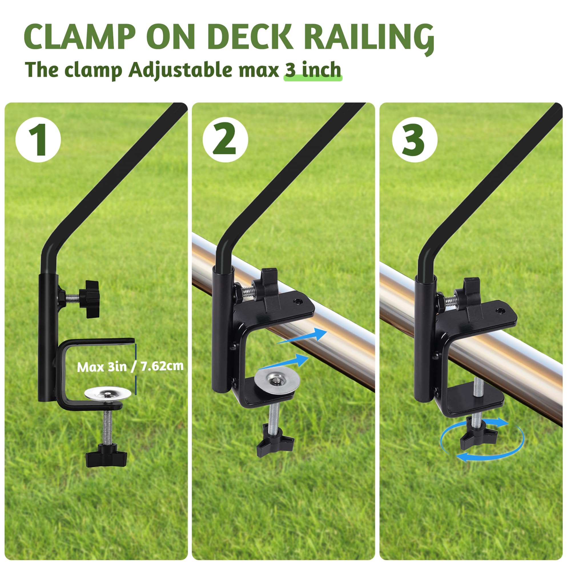 ERYTLLY clamp mounted on railing demonstrating secure fit