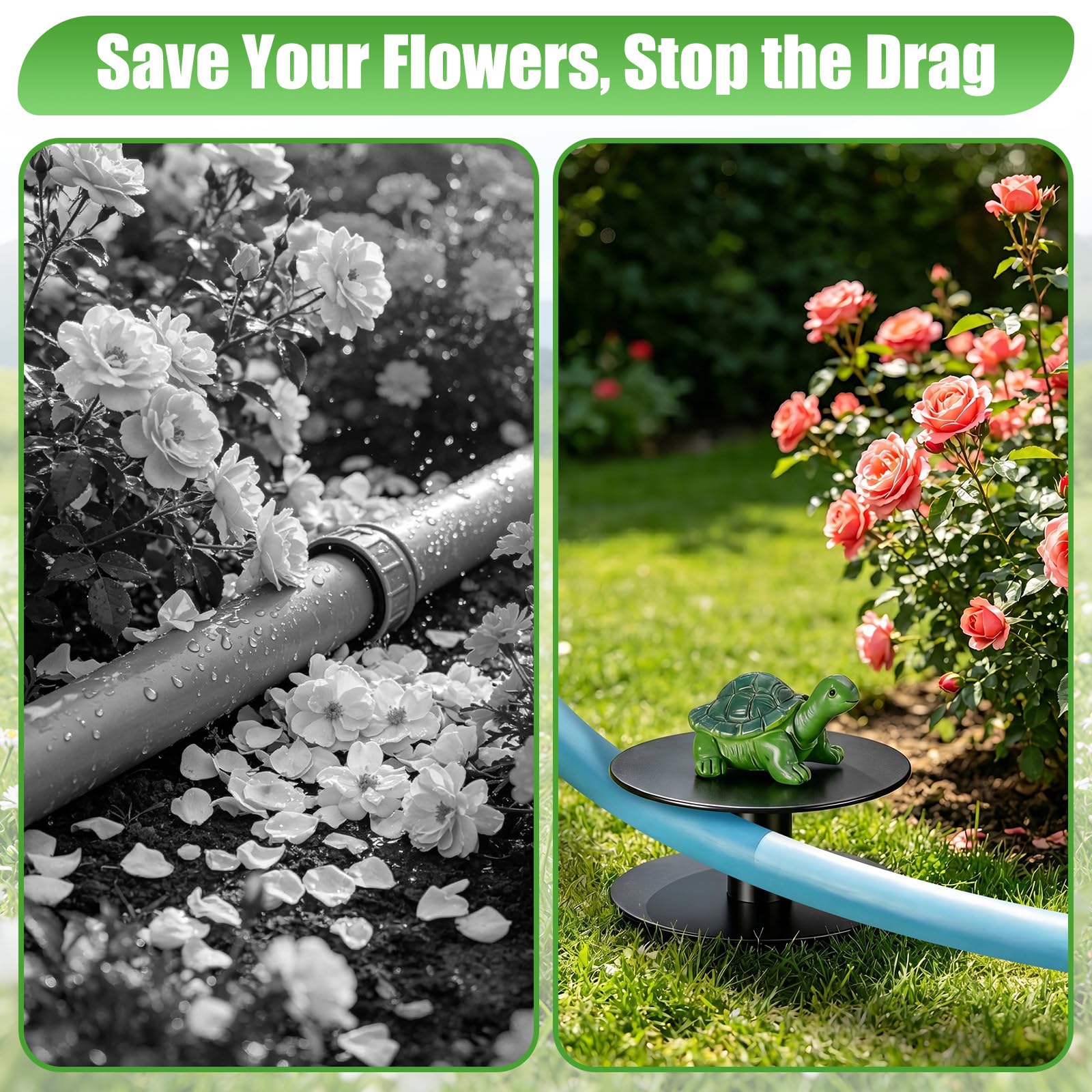 esgwork turtle hose guide in a patio garden scene blending decorative style with functional plant protection