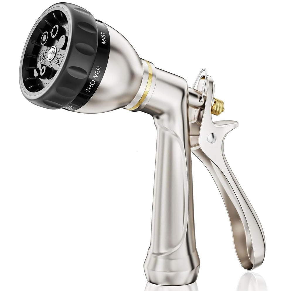 ESOW nozzle front view showing seven-pattern dial and durable metal finish for versatility