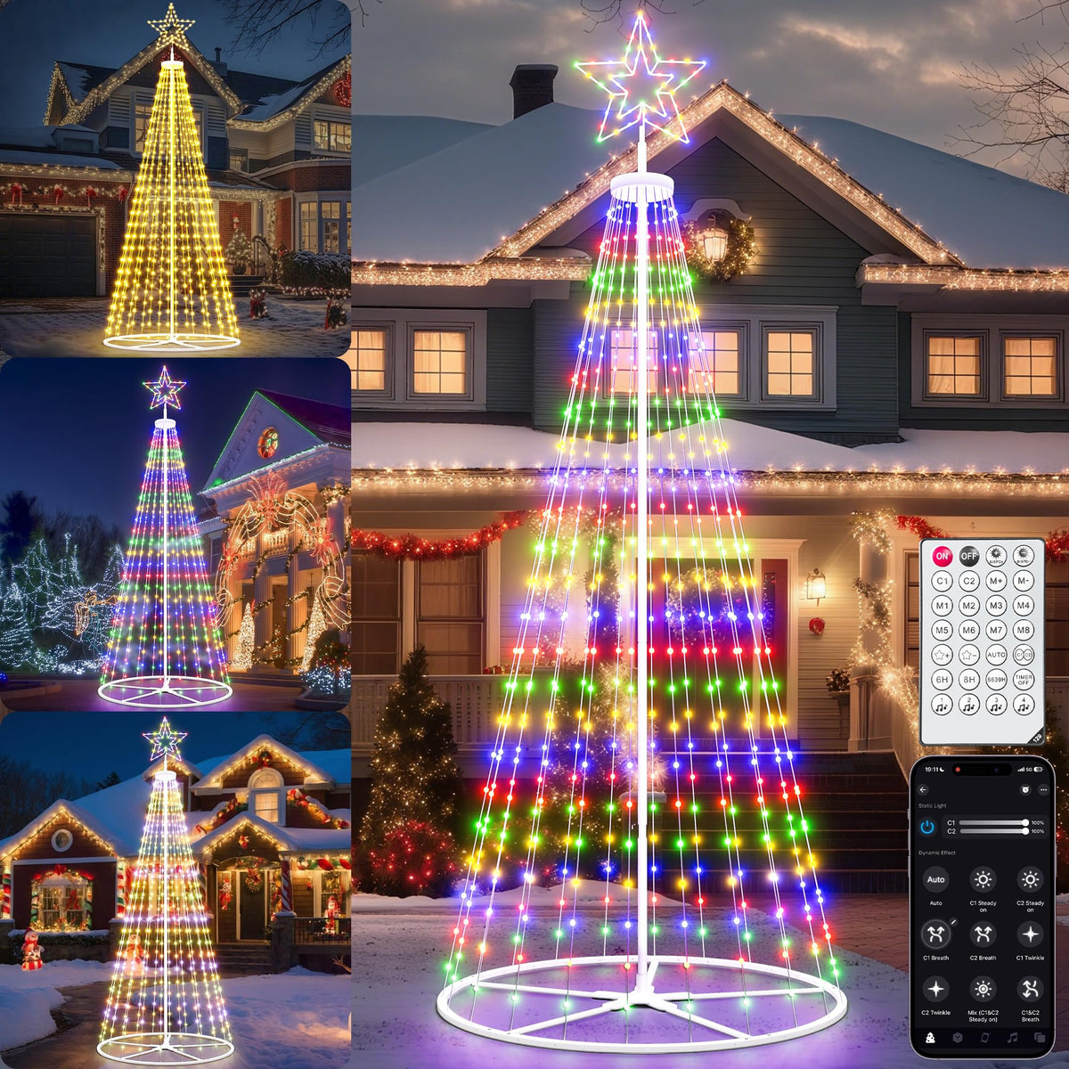 Espird 12FT tree front view showing full illumination and curb appeal