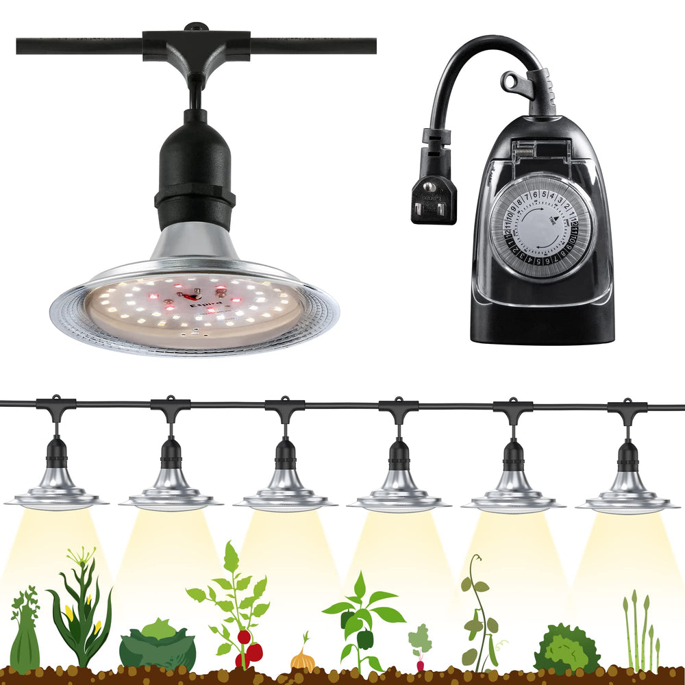 Espird front view of six‑bulb string lighting providing uniform plant coverage