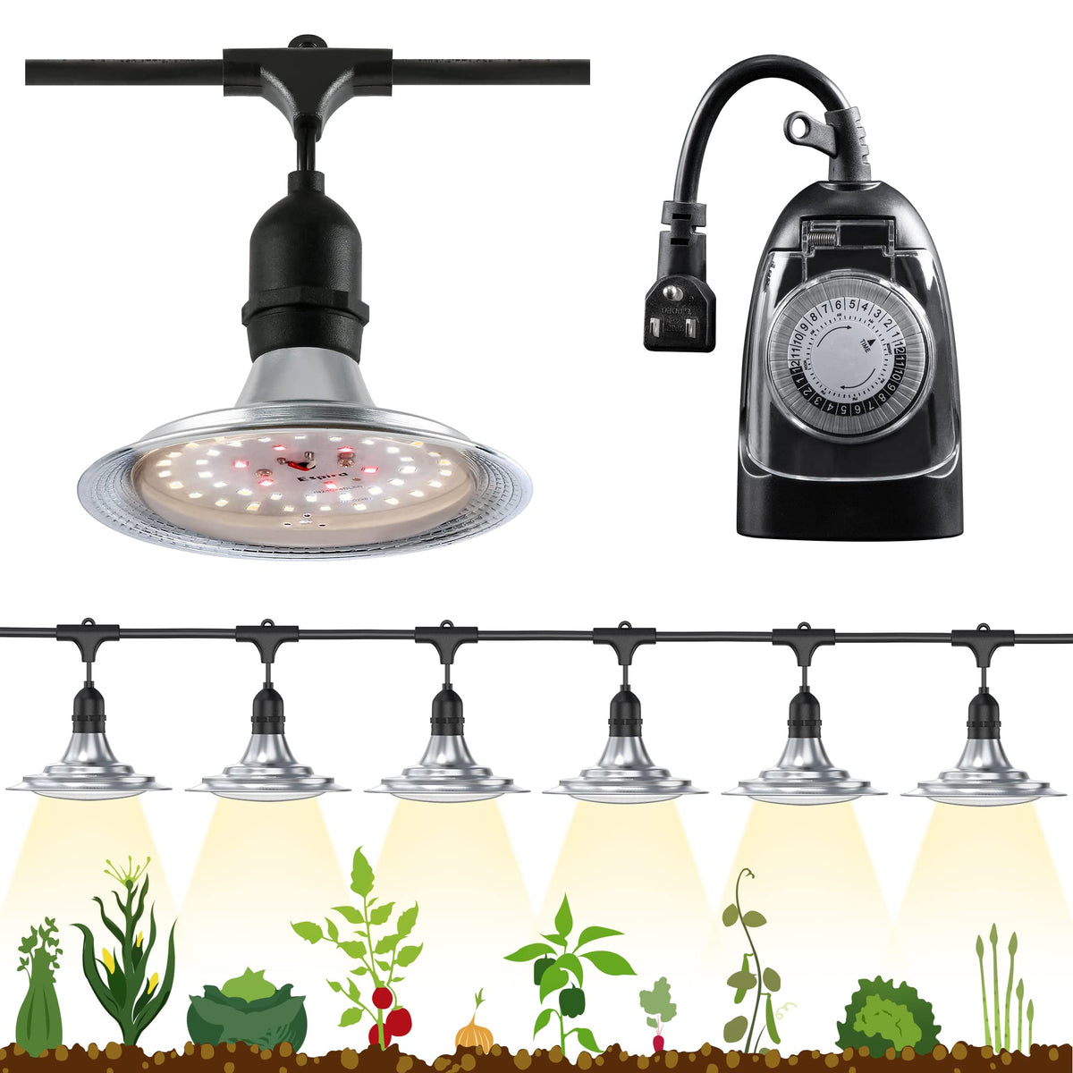 Espird front view of six‑bulb string lighting providing uniform plant coverage