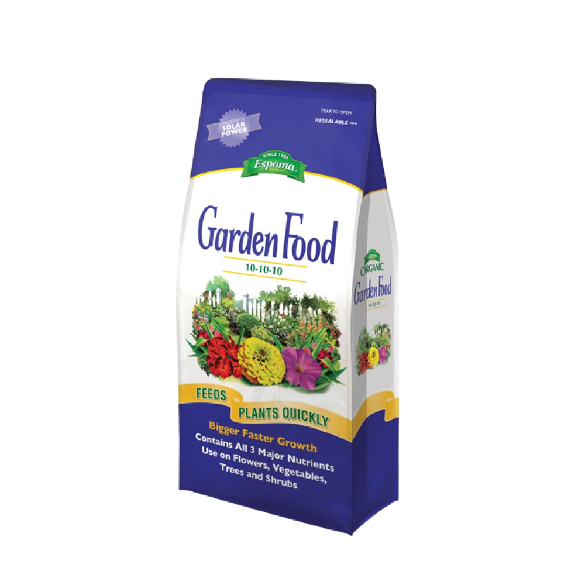 Espoma 6.75-pound bag beside garden tools illustrating size and convenience