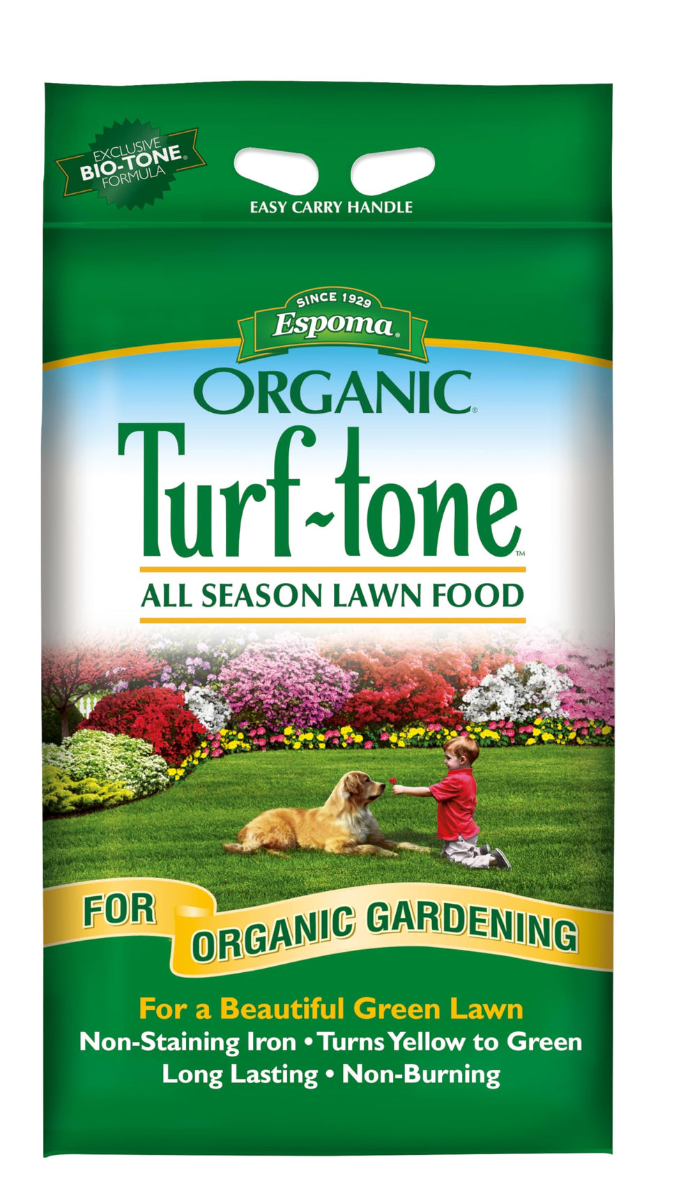 Espoma Turf-Tone front of bag showing product and coverage benefits