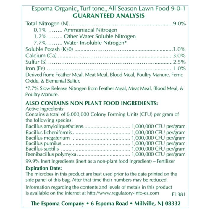 Espoma Turf-Tone granular close-up texture highlighting slow-release formula