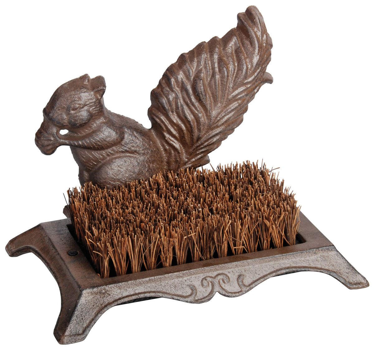 Esschert Design front view of boot brush with squirrel motif for decorative doorway cleaning