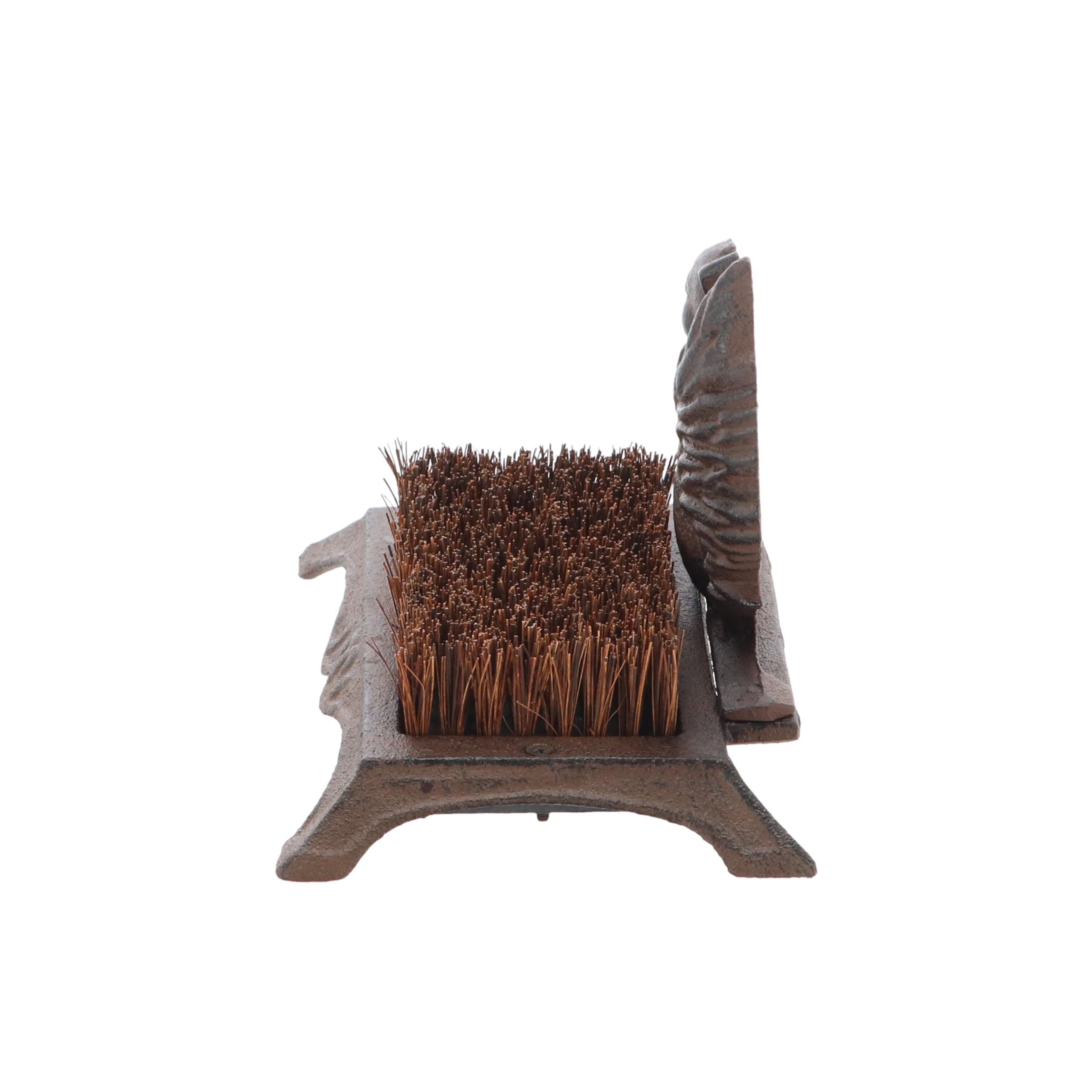 Esschert Design boot brush on a porch with a shoe being cleaned, keeping floors tidy