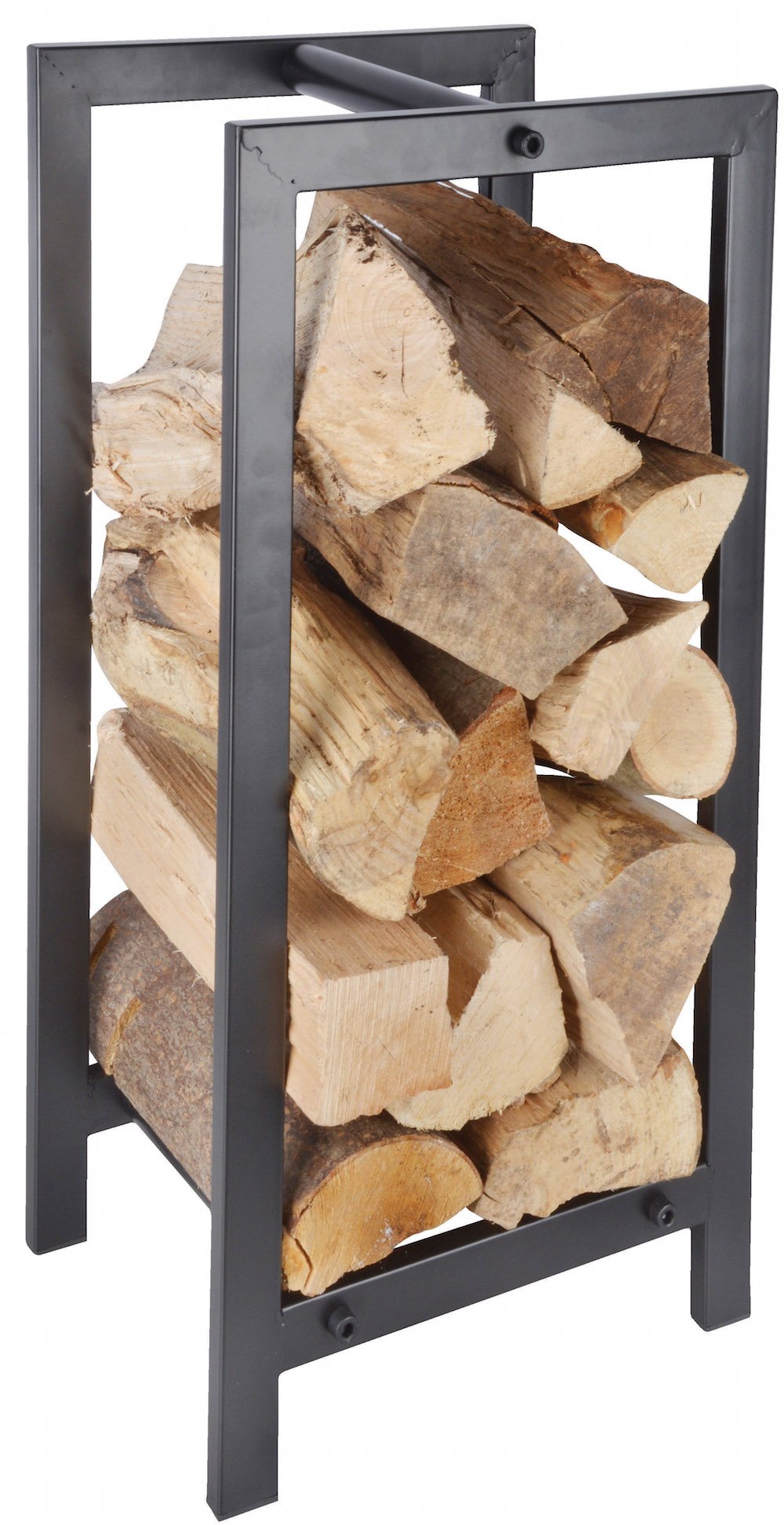 Esschert Design front view of steel wood carrier showing compact storage benefit
