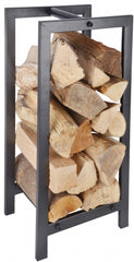 Esschert Design front view of steel wood carrier showing compact storage benefit